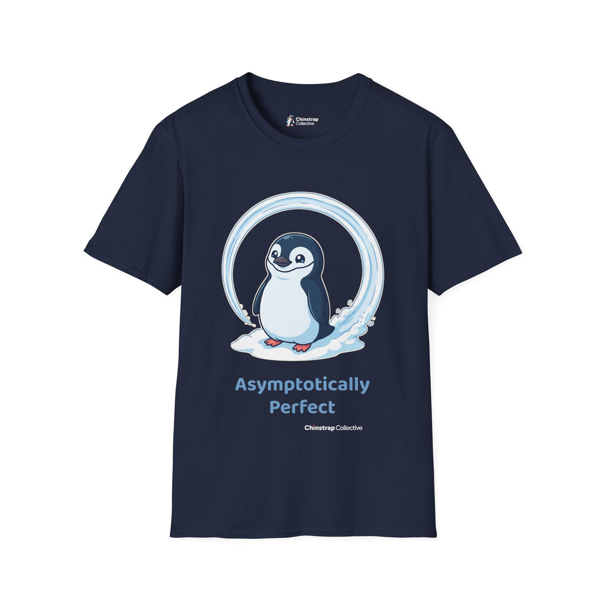 Asymptotically Perfect penguin T-shirt in Navy: The chinstrap penguin stands inside a near-perfect circle it slid into…