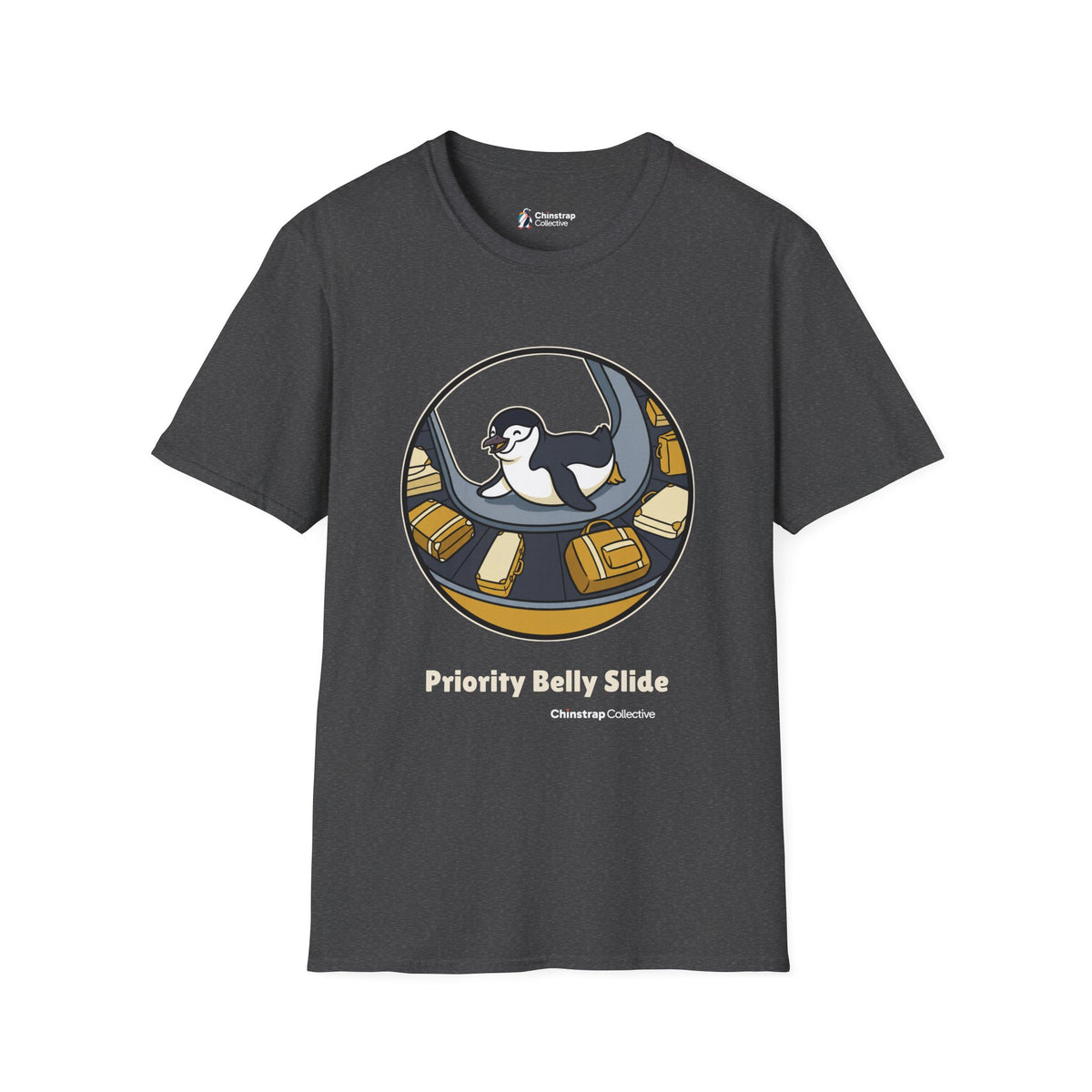 Priority Belly Slide penguin T-shirt in Dark Heather: Inside a round frame, the penguin belly-slides along an airport…
