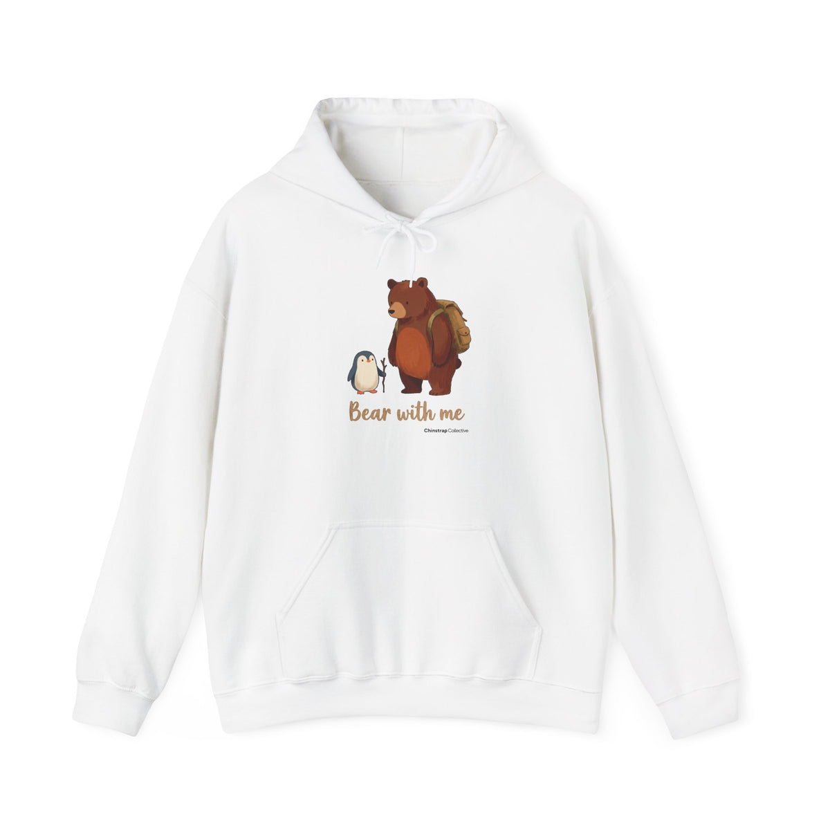 Bear With Me penguin hoodie in White: A small penguin with a walking stick stands beside a big brown bear wearing a…