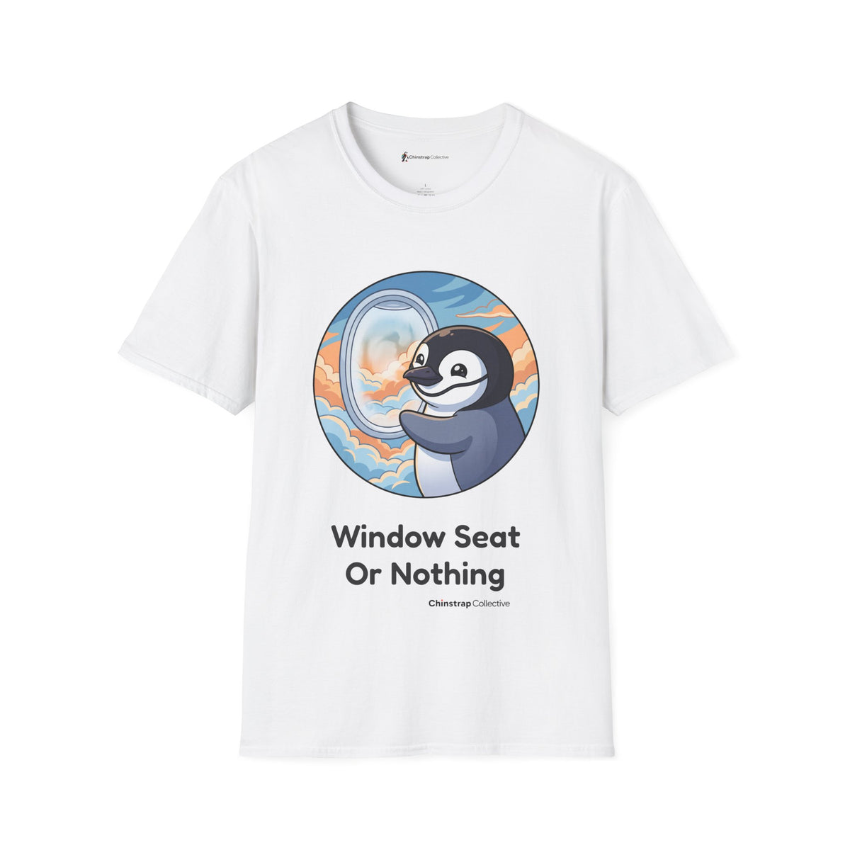 Window Seat penguin T-shirt in White: A cartoon chinstrap penguin beside a round airplane window full of peach and blue…