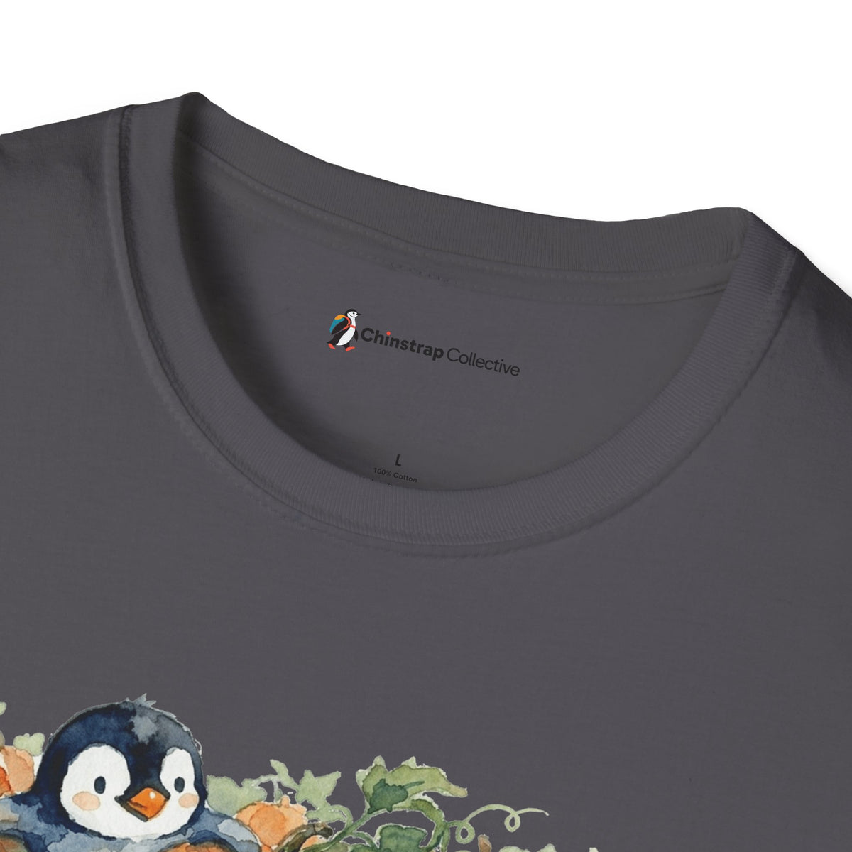 The Chinstrap Collective neck label on the Penguin Pumpkin Patch T-shirt in Charcoal