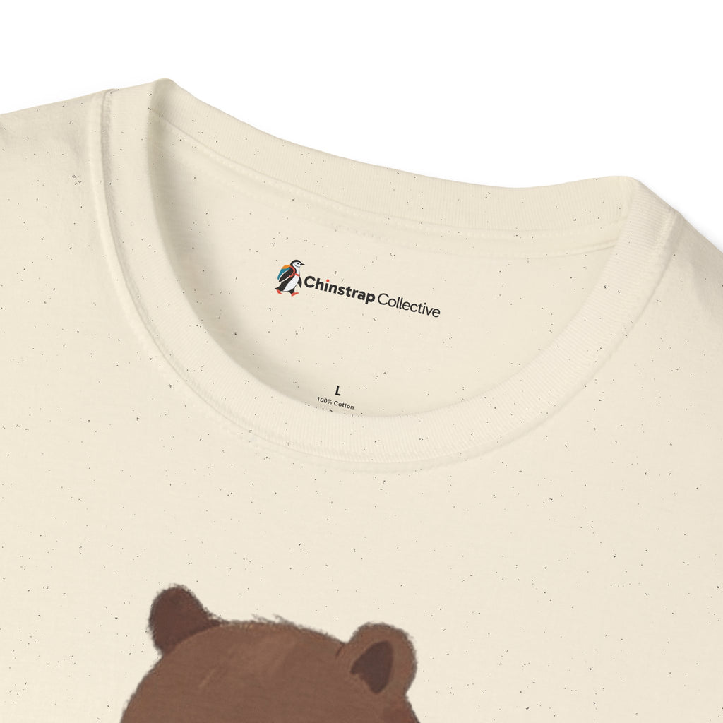The Chinstrap Collective neck label on the Bear and Penguin Hike T-shirt in Natural