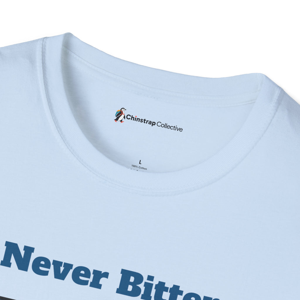 The Chinstrap Collective neck label on the Never Bitter T-shirt in Light Blue