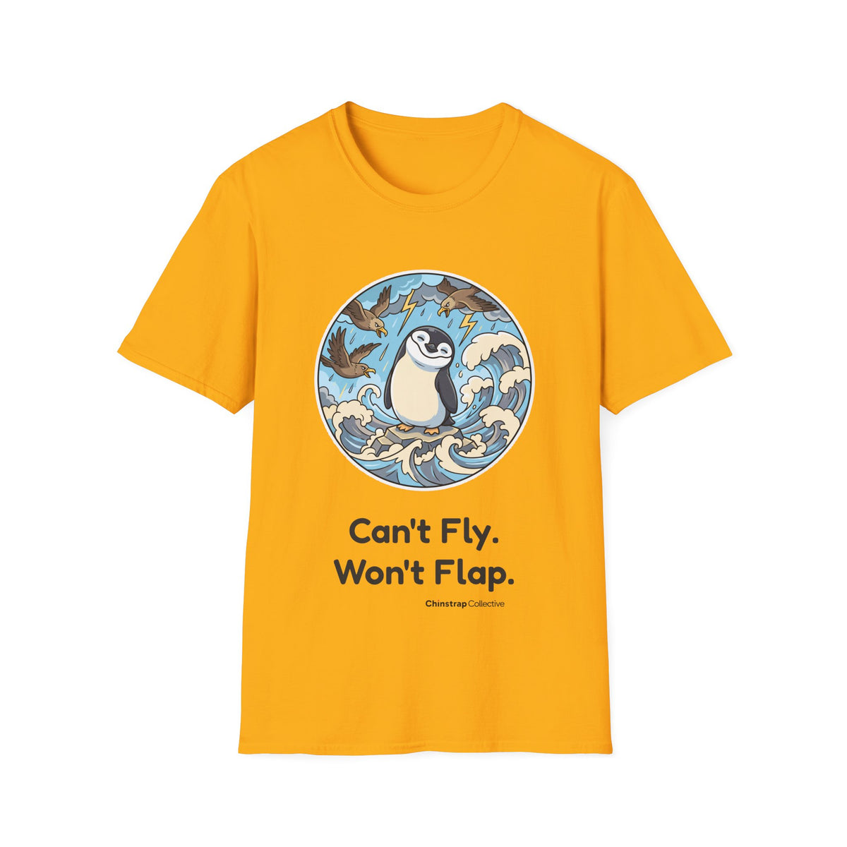 Unflappable penguin T-shirt in Gold: A cartoon penguin standing calmly