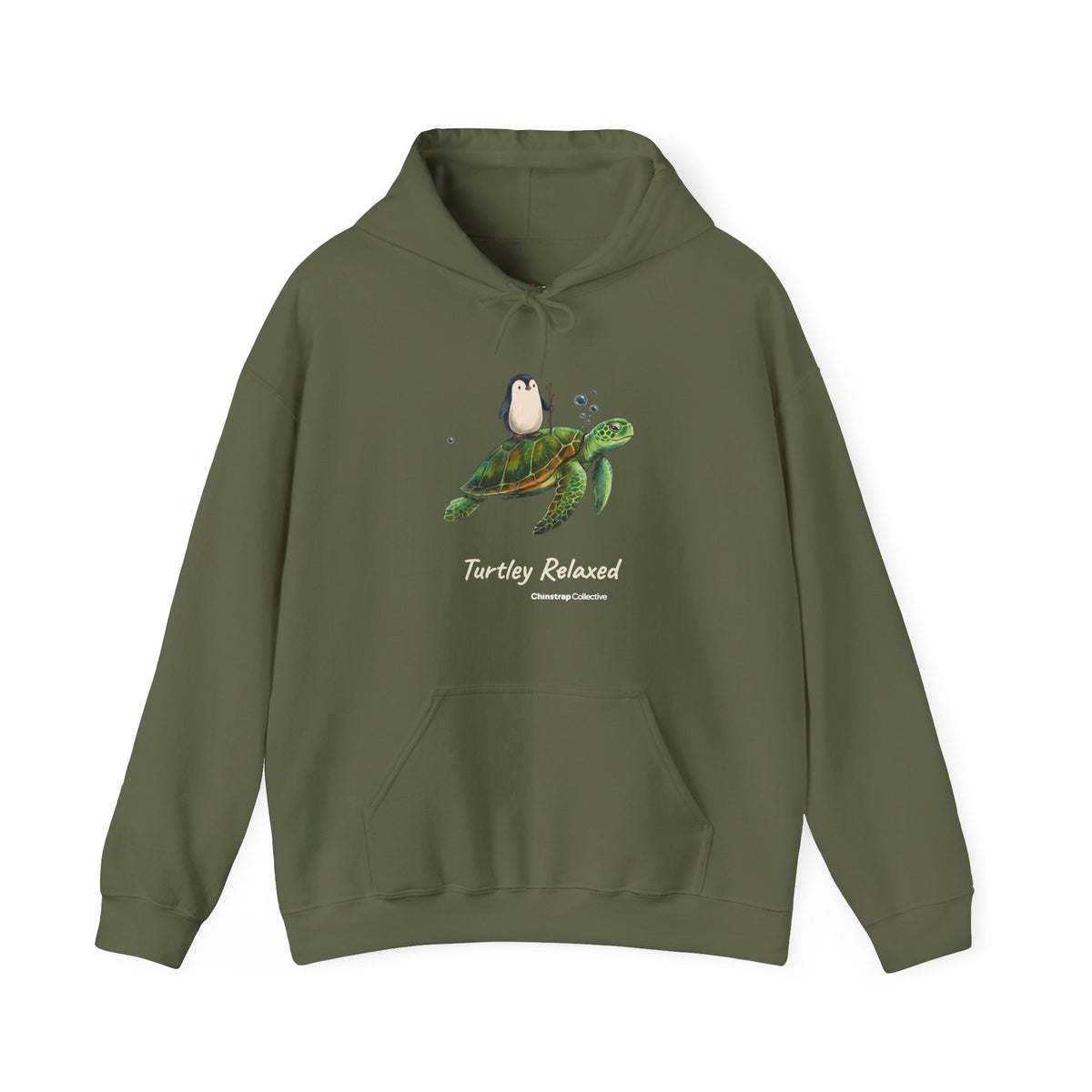 Turtley Relaxed penguin hoodie in Military Green: The drawing shows the penguin, walking stick in flipper, riding on the…