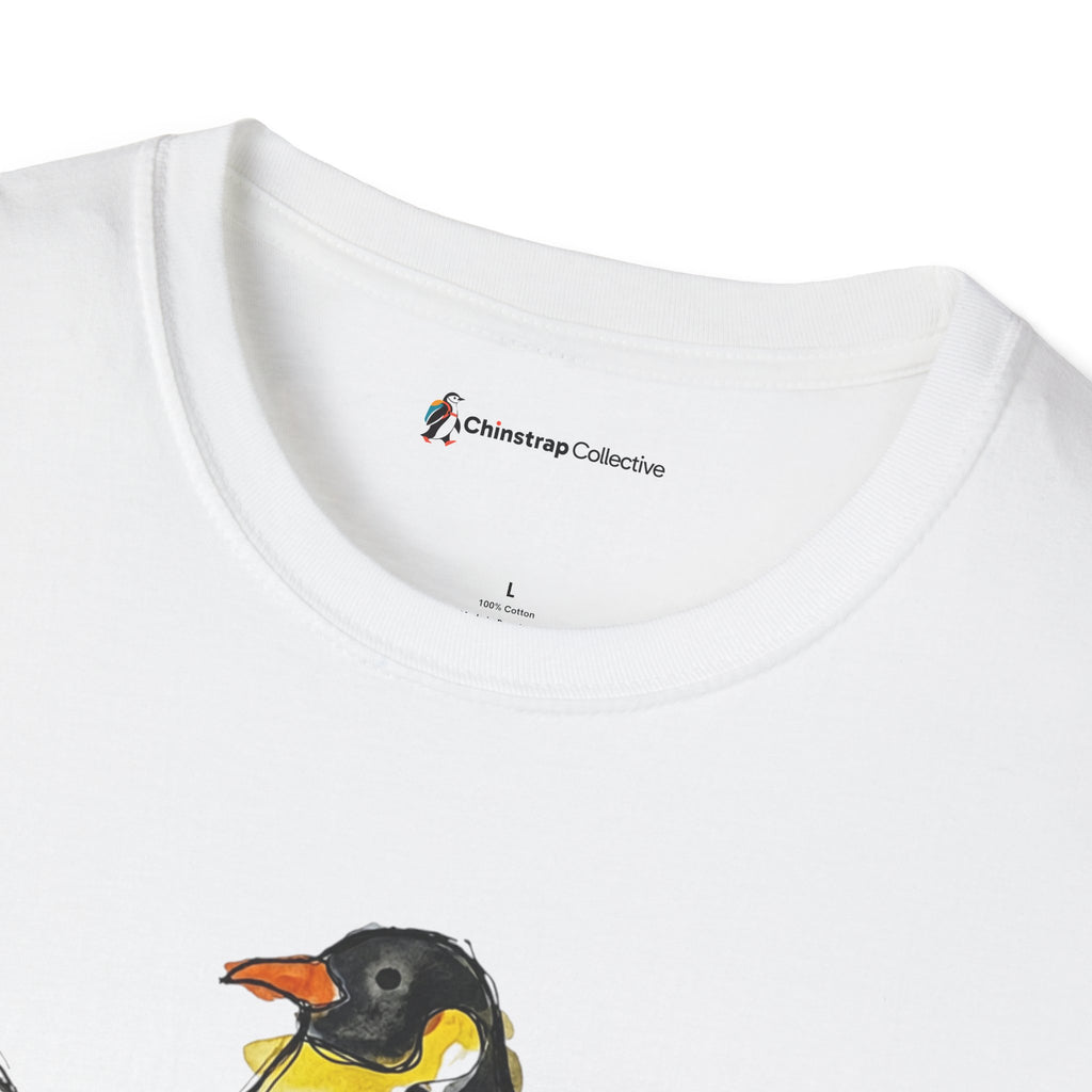 The Chinstrap Collective neck label on the Onigiri Penguin Trio T-shirt in White