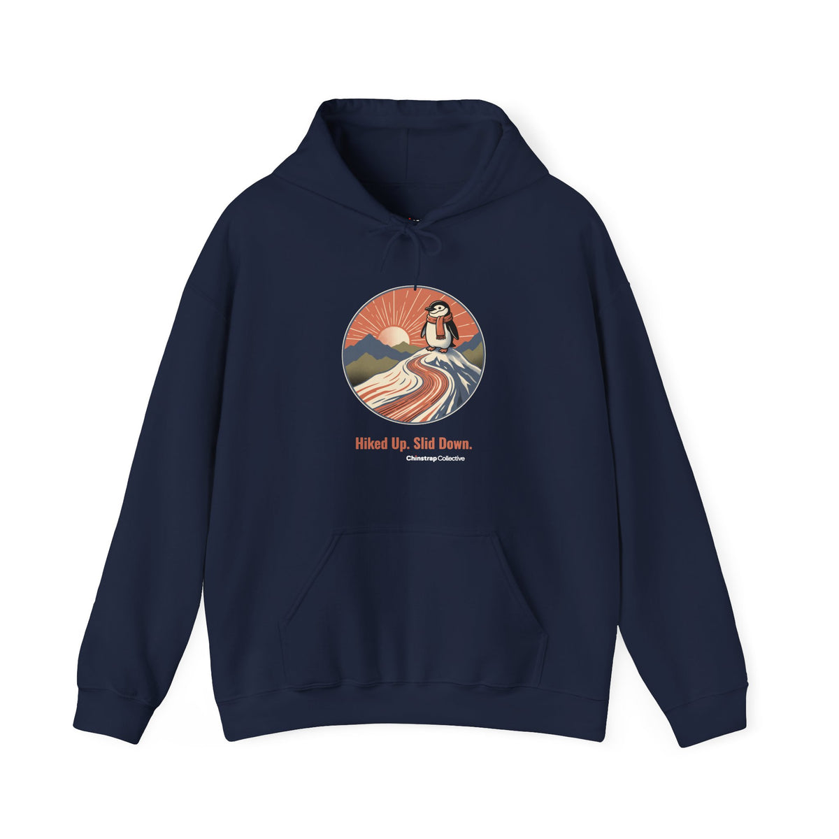 Hiked Up penguin hoodie in Navy: “Hiked Up. Slid Down.” is set below the drawing in a colour matched to each hoodie, with…