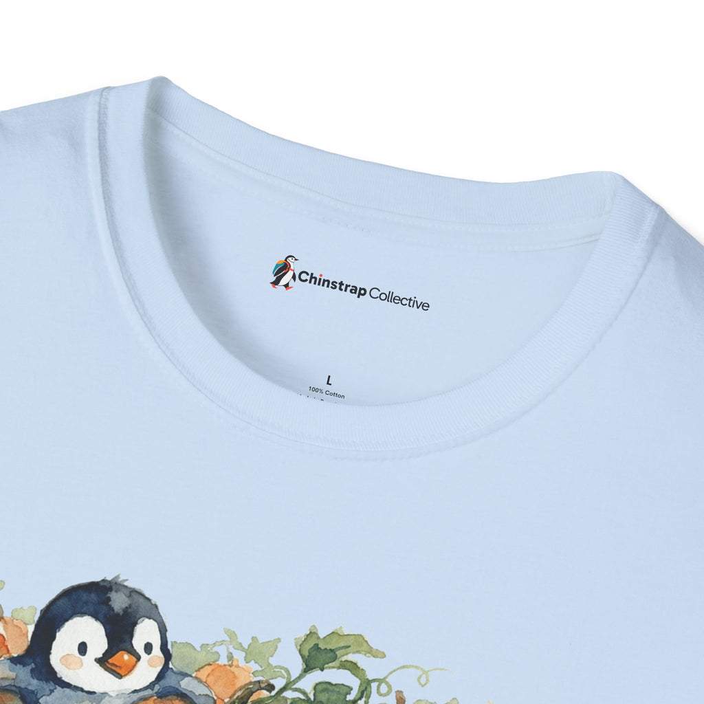 The Chinstrap Collective neck label on the Penguin Pumpkin Patch T-shirt in Light Blue