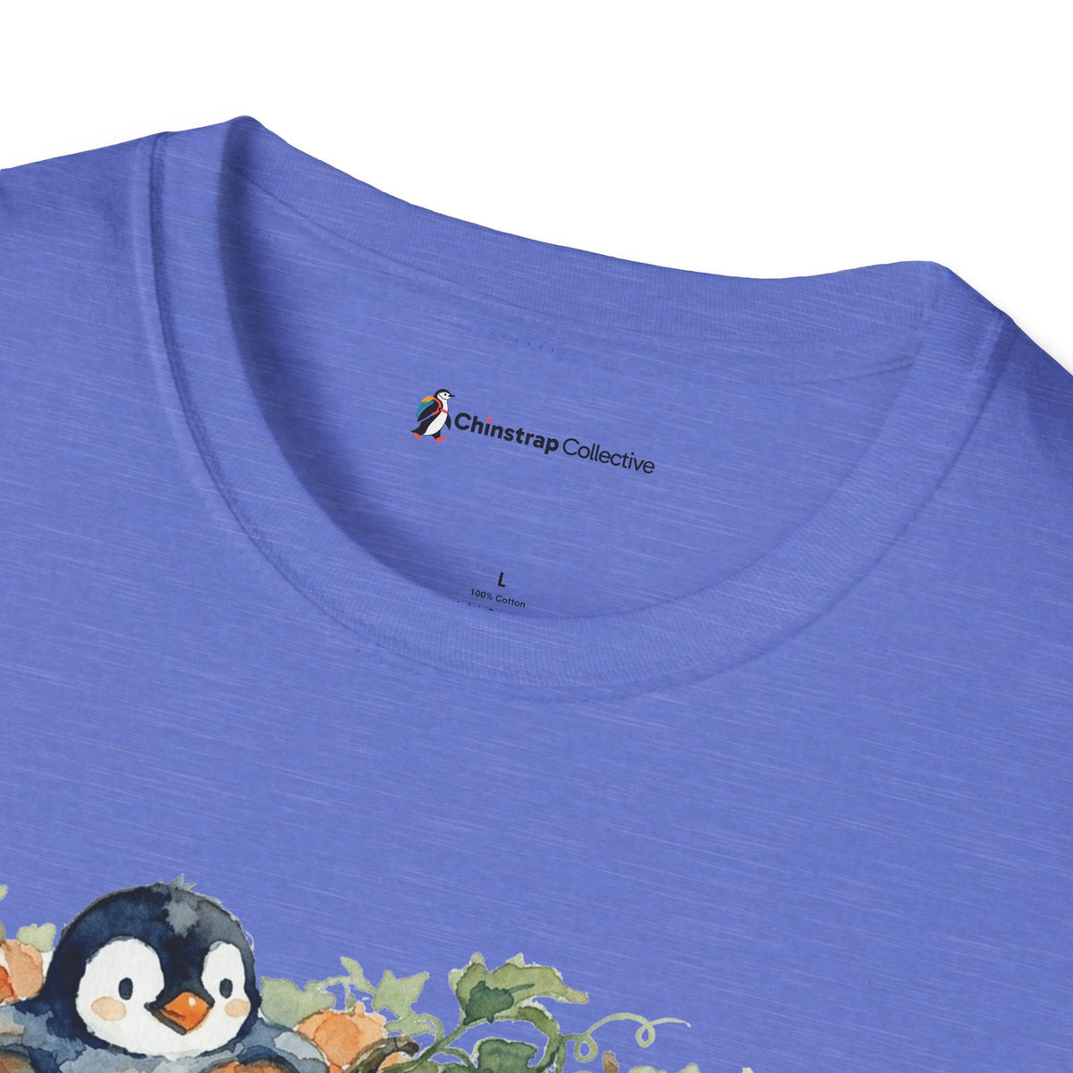 The Chinstrap Collective neck label on the Penguin Pumpkin Patch T-shirt in Heather Royal
