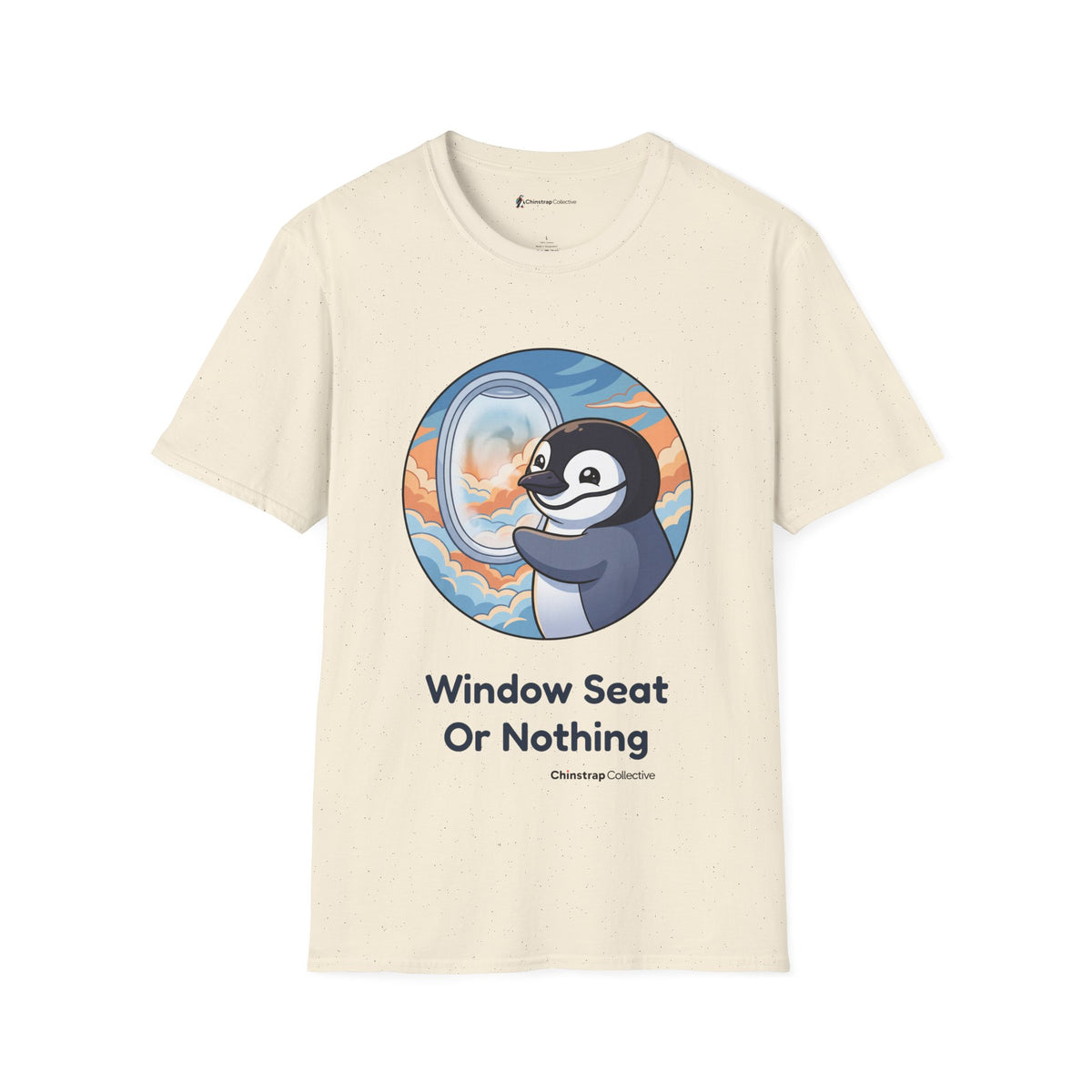 Window Seat penguin T-shirt in Natural: A cartoon chinstrap penguin beside a round airplane window full of peach and blue…