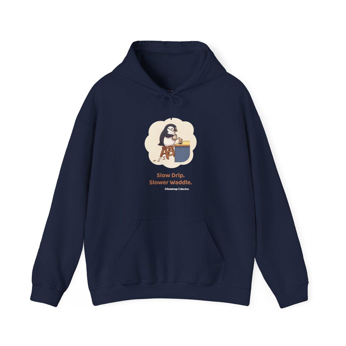 Pour-Over Patience penguin hoodie in Navy: A chinstrap penguin balances