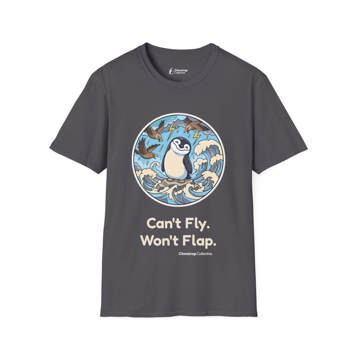 Unflappable penguin T-shirt in Charcoal: A cartoon penguin standing calmly