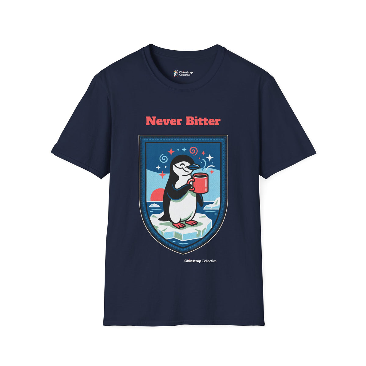 Never Bitter penguin T-shirt in Navy: The art shows a chinstrap penguin