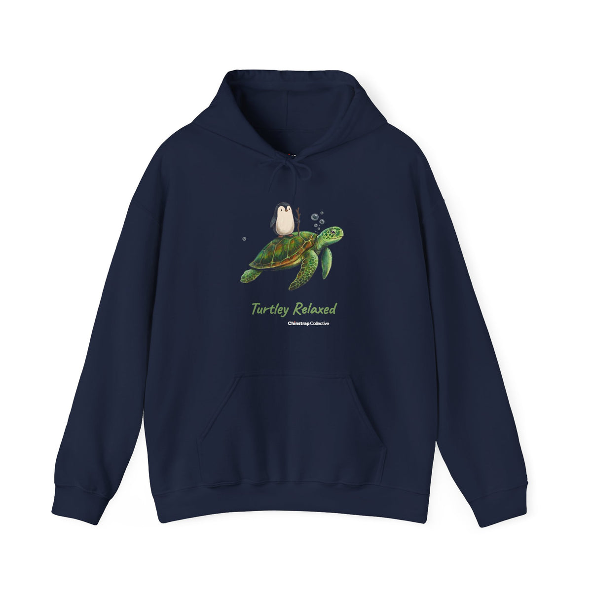 Turtley Relaxed penguin hoodie in Navy: The drawing shows the penguin, walking stick in flipper, riding on the back of a…