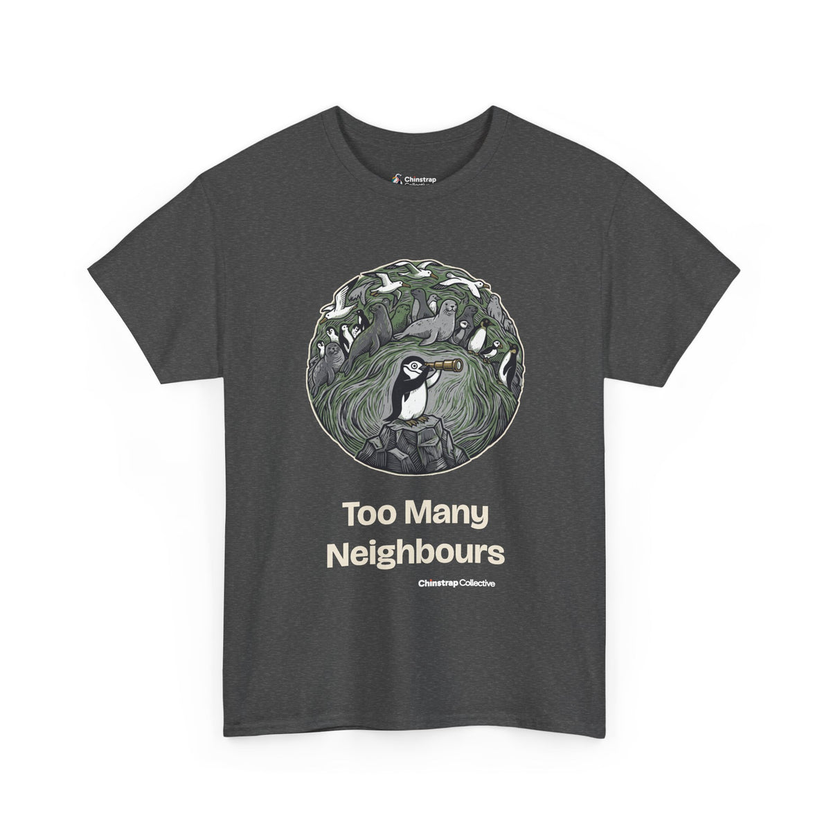 Too Many Neighbours penguin T-shirt in Dark Heather: In a round, engraving-style scene of greens and greys, the penguin…