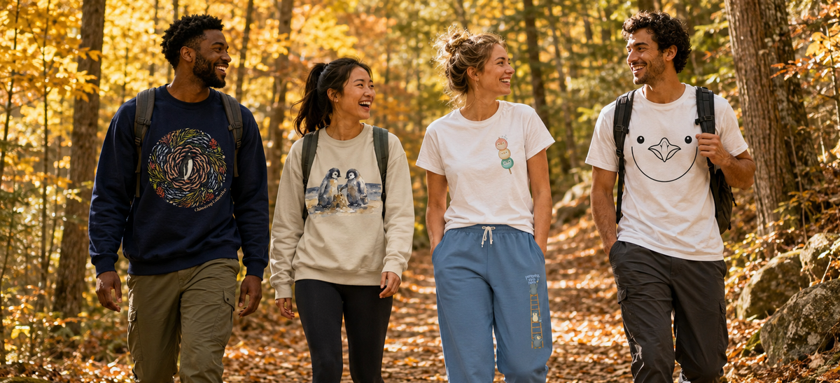 Four friends laughing on an autumn forest trail, wearing penguin-print T-shirts and sweatshirts