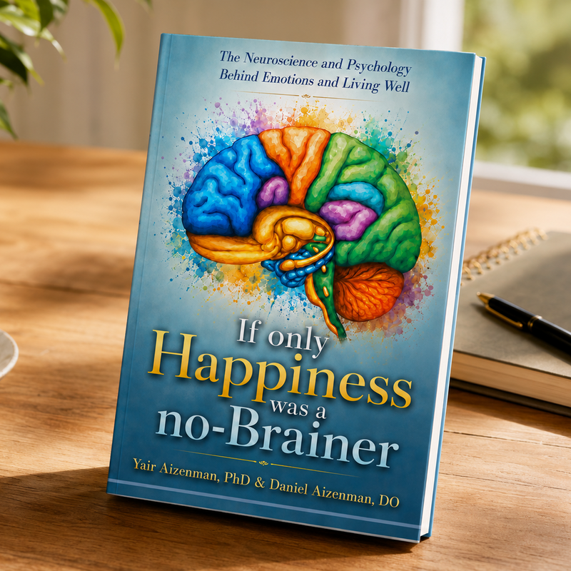 The book If Only Happiness Was a No-Brainer, by Yair Aizenman, PhD and Daniel Aizenman, DO, standing on a desk.