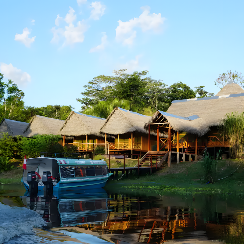 Grand Amazon Lodge: thatched wooden lodges on the riverbank in the Amazon, with a tour boat at the dock.