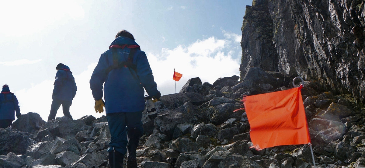 Hikers in blue jackets climbing a rocky slope past an orange marker flag