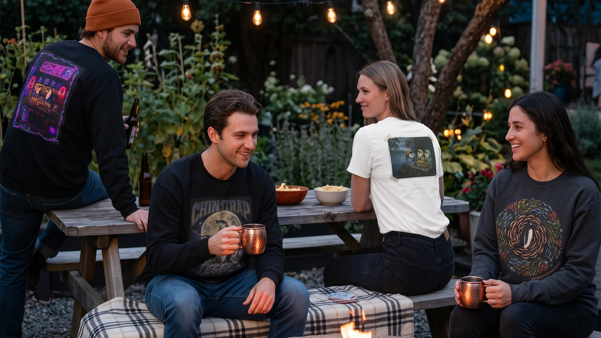 Friends around a fire pit at dusk under string lights, wearing penguin-print sweatshirts and T-shirts