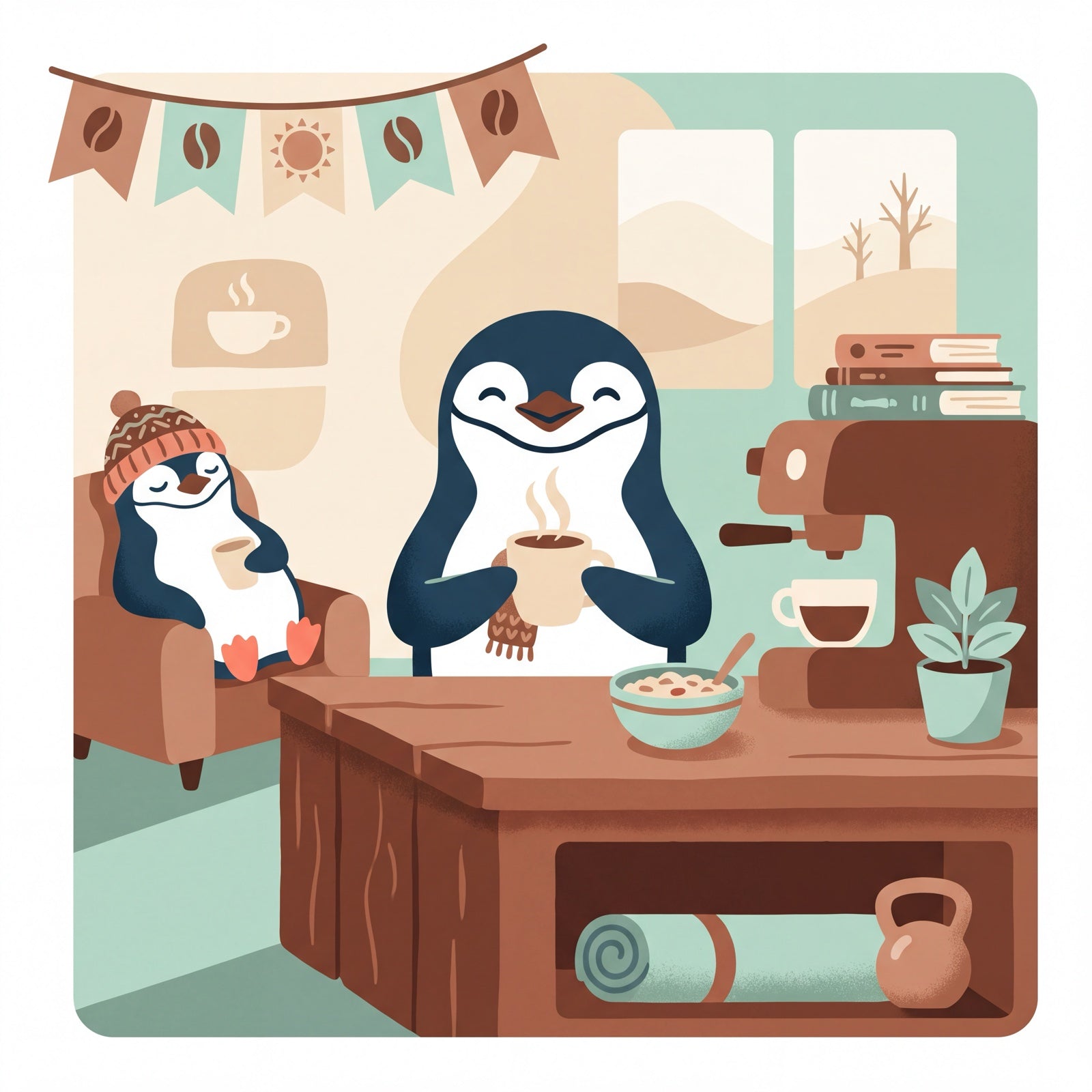 The Morning Waddle: an illustration of a chinstrap penguin, coffee and slow mornings
